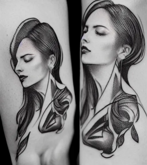 Image similar to tattoo design sketch of a beautiful woman face with a stunning mountain view faded background on her side, hyper - realistic, double exposure, in the style of matteo pasqualin, amazing detail, black and white, faded