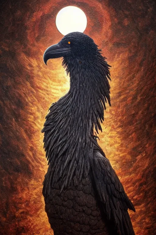 Image similar to Intricate stunning highly detailed raven by agostino arrivabene and Vladimir Kush, surreal metal sculpture, ultra realistic, Horror, dramatic lighting, full moon, blood moon, thick black swirling smoke tornado, burning fire embers, artstation