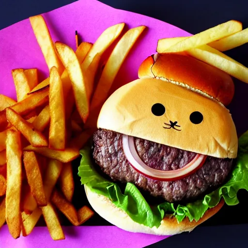 Image similar to a burger in the shape of a cat, with fries, 4 k
