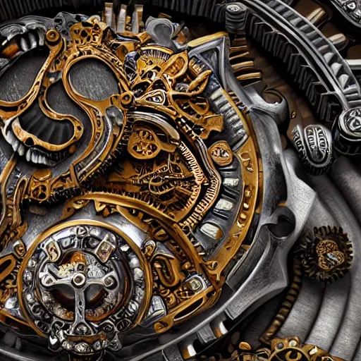 Image similar to A steampunk roaring tiger made from ornate engraved full plate armor and watch gears and several jewels, macro shot by Justin Gerard, unreal engine, detailed, intricate, physically based rendering