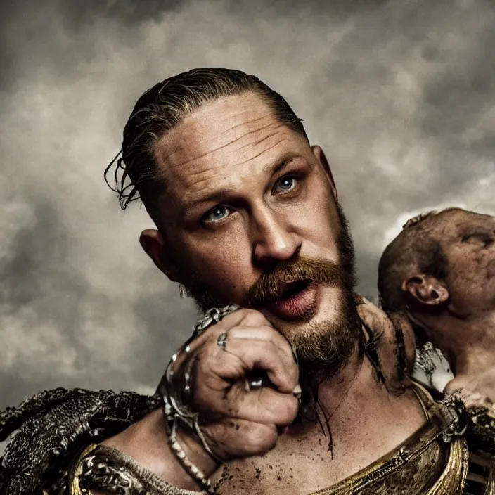 Prompt: professional photographic portrait of tom hardy as machiavel vanquished enemies strewn over the ground, renaissance style, fine art piece, incredible detail, vray rendering, high octane,