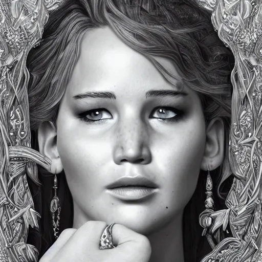 Prompt: An extremely ornate portrait of a Jennifer Lawrence, ultradetailed, intricate, elegant, digital art painting, smooth, sharp focus, magazine art cover illustration, regal, award winning picture, extremely detailed masterpiece, sense of awe, featured on Artstation, Artgerm, magic the gathering, mtg, D&D, dungeons and dragons,8K detail post-processing.