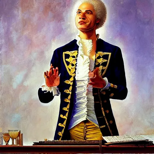 Prompt: Falco singer performing the song amadeus. Epic painting by James Gurney and Belén Ortega.