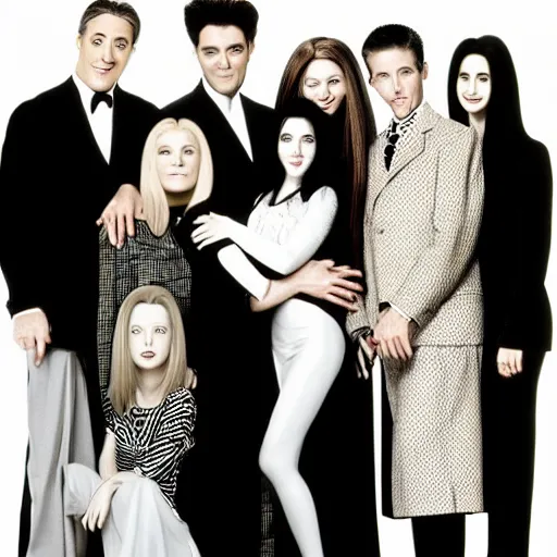 Prompt: the adams family, with the cast of friends, black and white