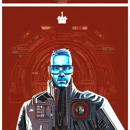 Image similar to cyberpunk king william - alexander as the leader of a futuristic communist society, cybernetics, sharp lines, digital, artstation, colored in