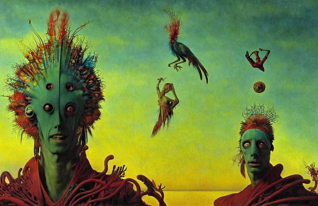 Prompt: realistic detailed portrait movie shot of a birdman wearing green ragged robes, sci fi city sunset landscape background by denis villeneuve, amano, yves tanguy, alphonse mucha, ernst haeckel, max ernst, roger dean, masterpiece, rich ethereal colours, feathers, creepy, occult, blue eyes