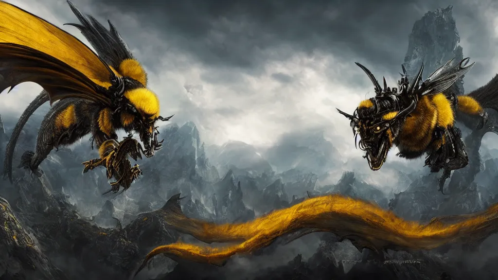 Image similar to giant bumblebee dragon, fantasy artwork, very very very beautiful scenery, hd, hdr, ue5, ue6, unreal engine 5, cinematic 4k wallpaper, 8k, ultra detailed, high resolution, artstation, award winning