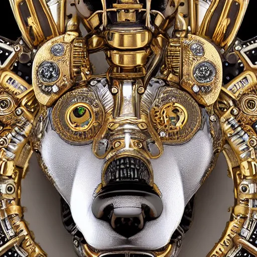 Image similar to A close up symmetric steampunk fox head with sparkling eyes made from ornate engraved full plate armor and Rolex gears and jewels and gems, macro shot by Justin Gerard, unreal engine, detailed, intricate, physically based rendering