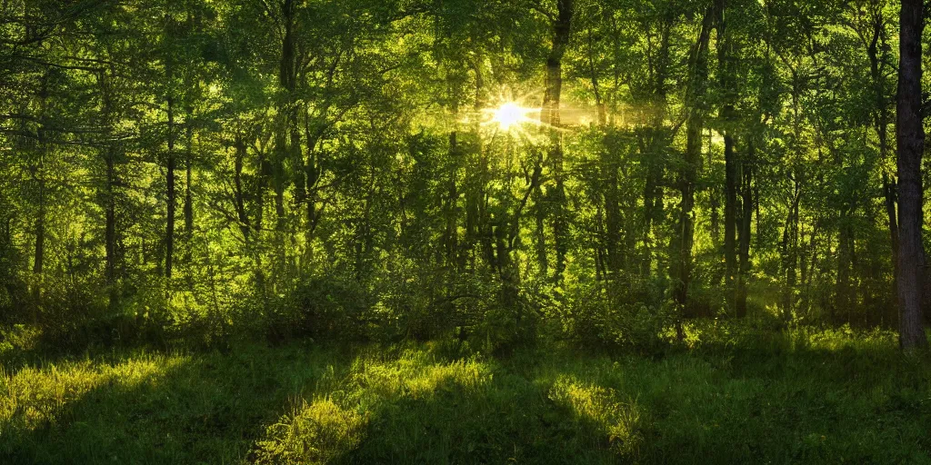 Prompt: A photorealistic landscape of a beautiful and serene forest, with the sunlight shining through the trees and casting a dappled light on the ground, in a peaceful and calming style.