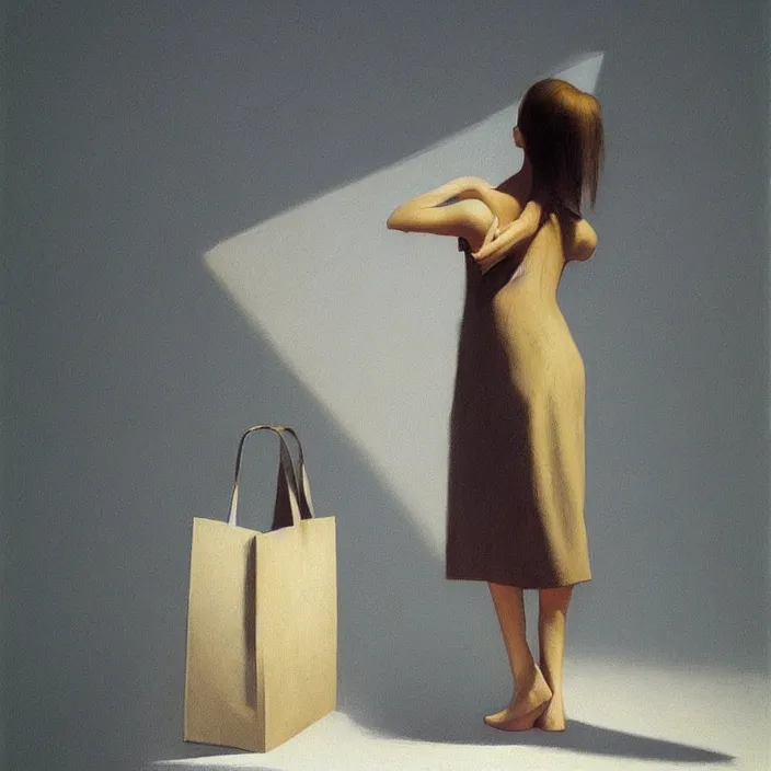 Image similar to woman pushing face through paper bag, artstation, art by, , edward hopper, Zdzislaw Beksinski, highly detailed