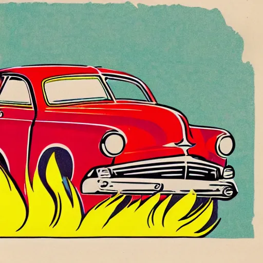 Image similar to detailed cheerful color 1950s illustration of a car on fire