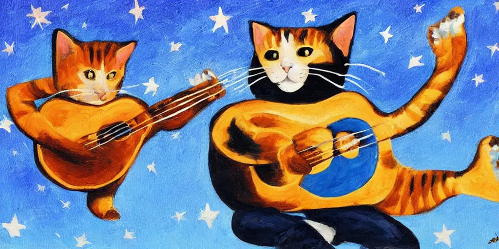 Prompt: a cat playing guitar, a big star, a blue sky, by Leonidas Gambartes