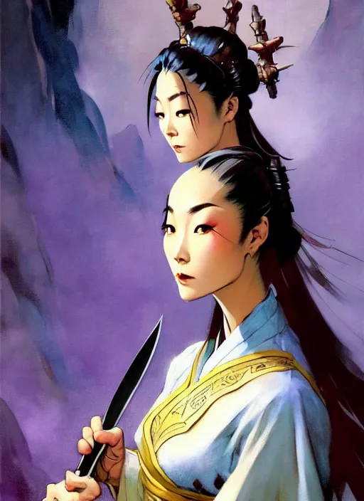 Prompt: magic : the gathering fantasy character concept art by frank frazetta and marco bucci, high resolution. a clear portrait of a stunning female south korean chef, wearing a beautiful hanbok apron, holding a kitchen knife, radiating powerful energy in the background, south korean vibes, symmetry, fantasy coloring, intricate, 8 k, digital painting, artstation, smooth, sharp focus