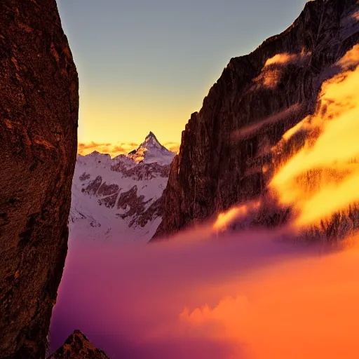 Prompt: mt titlis, at sunset, dramatic, orange and purple colours, ethereal, wide shot, bohemian, matte painting, 8 k