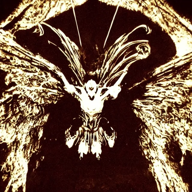 Image similar to mothman demon, crimson death wings, in the shadows of the blinding chaotic cosmic star, shadow art, wispy ink horrors, photo pic by 35mm