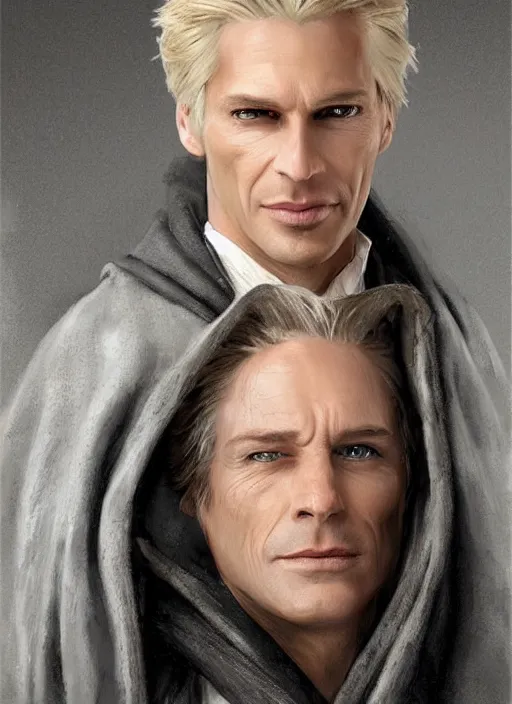 Prompt: a clean shaven man aged 4 0 with tousled blonde hair and hazel eyes and a friendly expression. he is handsome and wearing a grey cloak. head and shoulders portrait painting by greg rutkowski and raymond swanland.