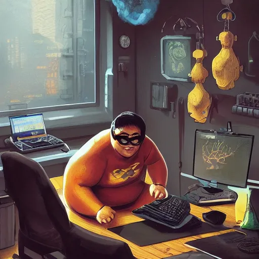 Image similar to an insanely detailed painting of a chubby nerdy asian man wearing a homemade superhero costume and mask, sitting at a computer desk typing on the keyboard, in the style of peter mohrbacher, dramatic lighting and composition, trending on artstation, concept art, comic book, graphic novel, back view