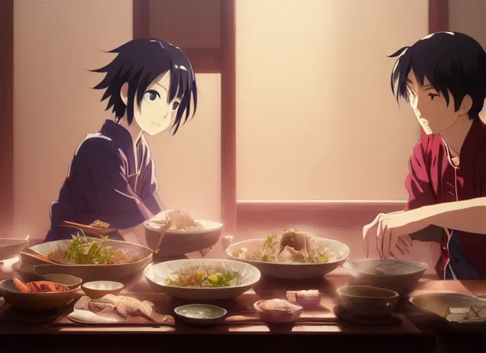 Image similar to a film still portrait of a bowl with sukiyaki, finely detailed features, closeup at the food, perfect art, at a dinner table, gapmoe yandere grimdark, trending on pixiv fanbox, painted by greg rutkowski makoto shinkai takashi takeuchi studio ghibli, akihiko yoshida