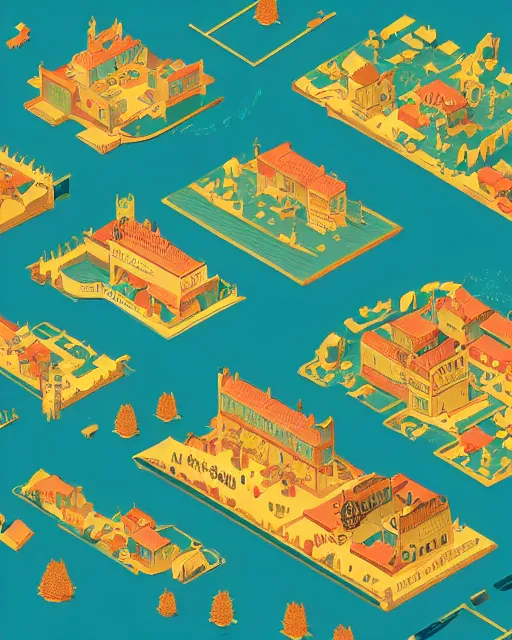 Image similar to western town, 1900, teal coral and gold leaf colours, intricate detail, infographic in the style of isometric Wes Anderson