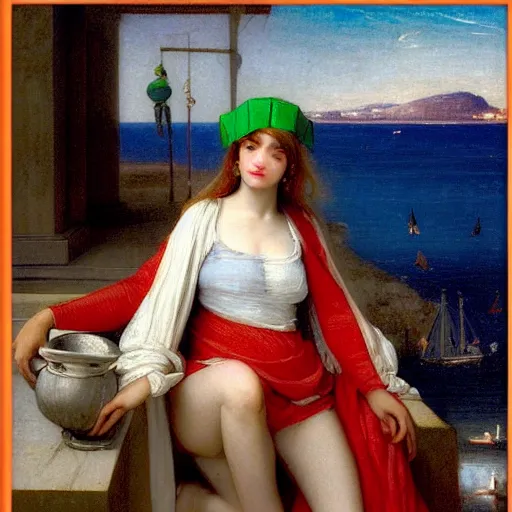 Image similar to A girl with jester hat and clothes on a greek circle archi on the front of a Balustrade with a beach and a sail boat on the background at night, major arcana cards, by paul delaroche and arnold böcklin hyperrealistic 8k, very detailed