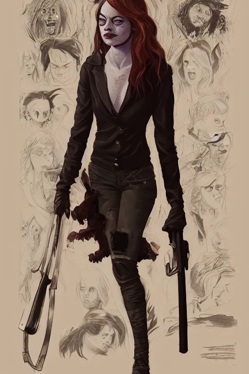 Image similar to emma stone in sleepy hollow, full body, big two toned eyes, teeth gritted, horror, intricate details, cinematic, epic, realistic, anatomy, tomer hanuka, uplight, artstation, photorealistic, scary