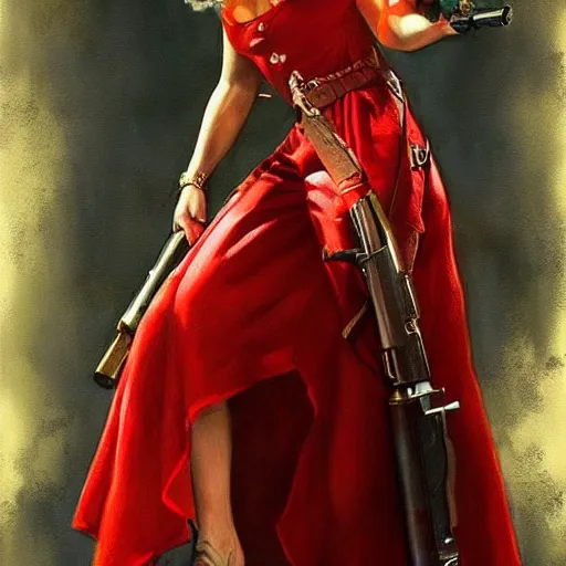 Image similar to a woman in a red wild west dress holding a shotgun, realistic painting by drew struzan, anatomically correct, beautiful, soft lighting, artstation