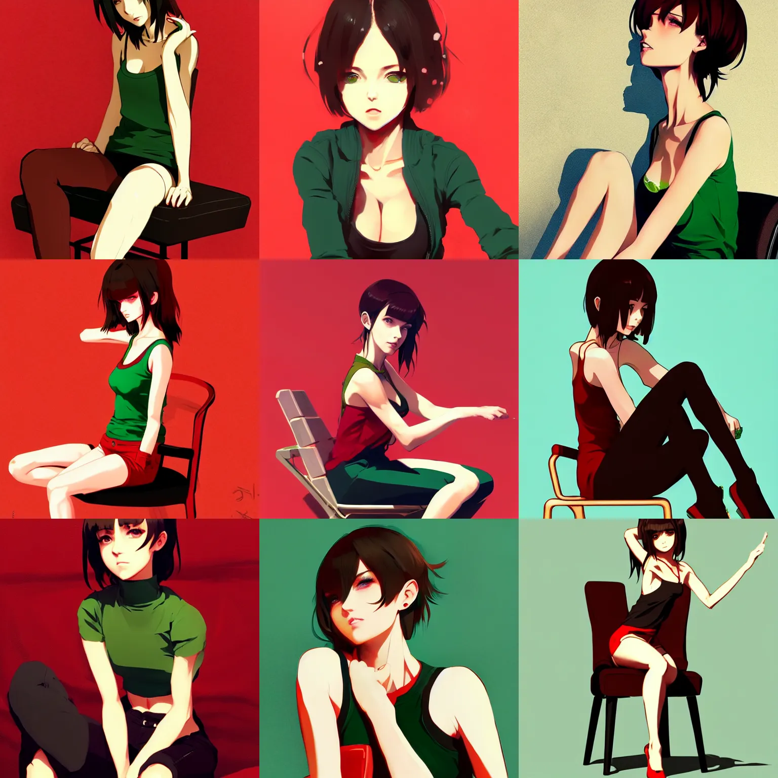 Prompt: sexy girl with brown hair and green eyes, wearing a low cut tanktop, sitting in a chair, red and black color palette, in the style of and ilya kuvshinov and greg rutkowski, high quality anime artstyle, intricate