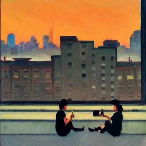 Image similar to a small rooftop with a couple of people sitting and watching the view, wearing black modern clothes, modern shanghai bund is on the background, sunset, by edward hopper, by gregory crewdson