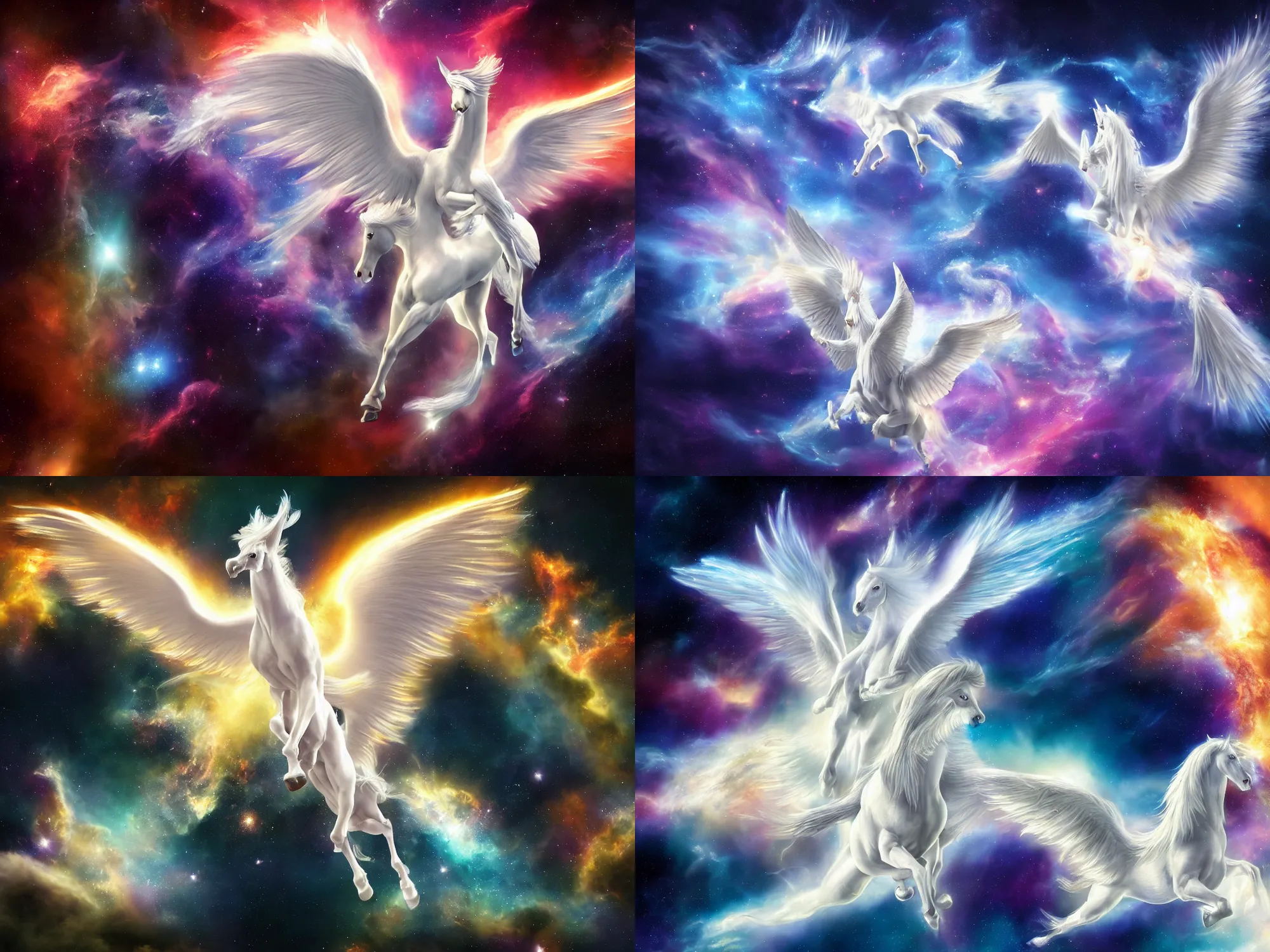 Prompt: a beautiful painting of a grand white Pegasus flying fr within cosmic clouds of the nebula, ultradetailed, volumetric lighting, 8k.