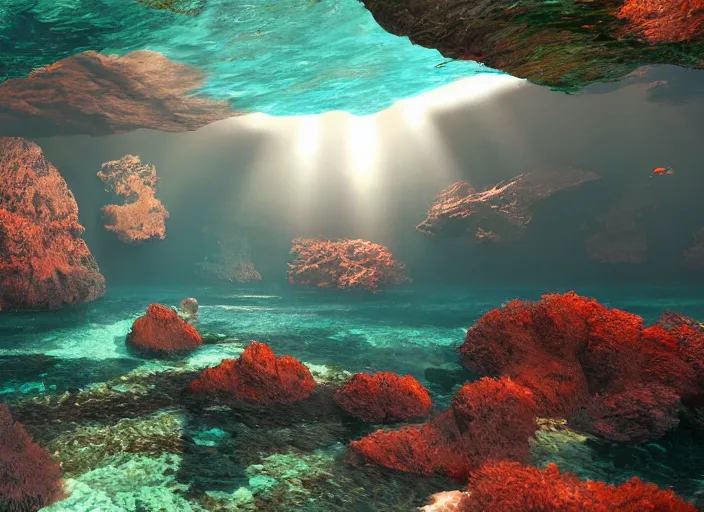 Image similar to an underwater landscape painted by, mc escher, gordon onslow ford, georgia o'keeffe and ippolito caffi, cinematic light, god rays, unreal engine, zbrush central,