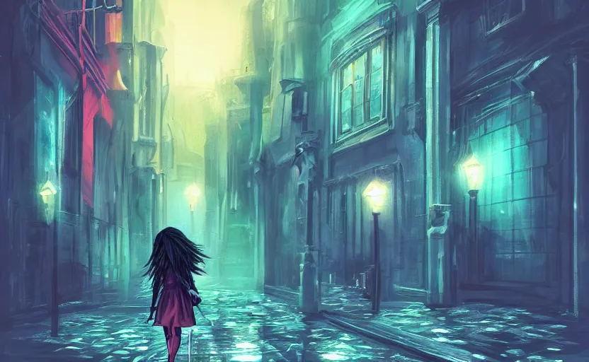 Prompt: A gothic girl is walking through an futuristic city street at night, it is rainig. Fantasy and concept art, colorful digital painting.