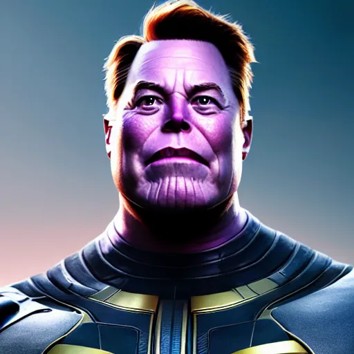 Image similar to a full character portrait of elon musk as thanos, the pixar adaptation, hyper detailed, digital art, trending in artstation, cinematic lighting, studio quality, smooth render, unreal engine 5 rendered, octane rendered