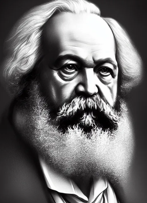 Image similar to a detailed full body painted portrait of karl marx by artist hadi karimi, wlop, artgerm, greg rutkowski, smirk expression, dramatic lowkey studio lighting, accurate skin textures, hyperrealism, aesthetically pleasing and harmonious vintage colors