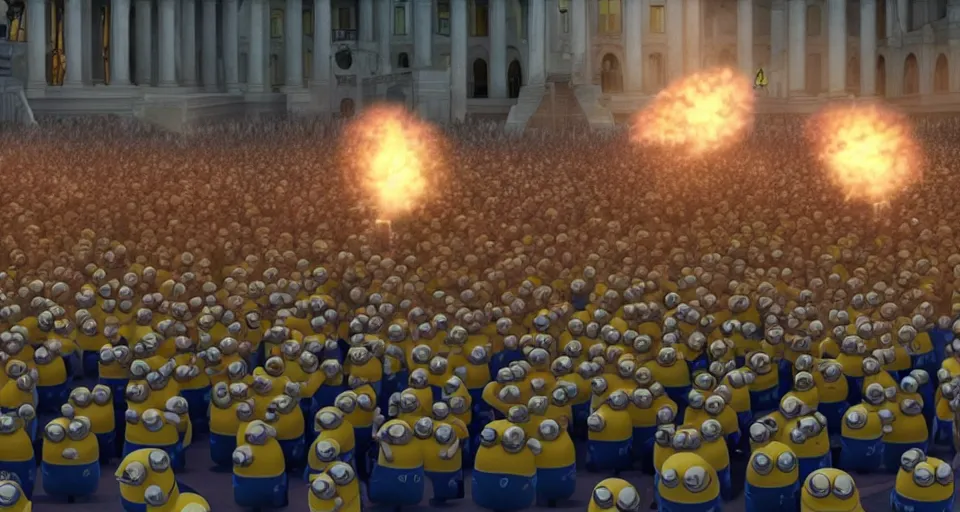 Prompt: 4K physically based octane render footage of a bunch of Minions, storming the Capitol, waving signs, carrying torches, photorealistic