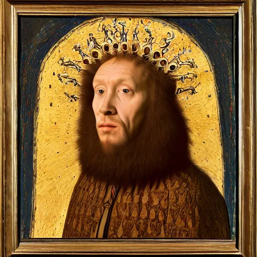 Image similar to portrait of a king with a lions head for a head, oil painting by jan van eyck, northern renaissance art, oil on canvas, wet - on - wet technique, realistic, expressive emotions, intricate textures, illusionistic detail