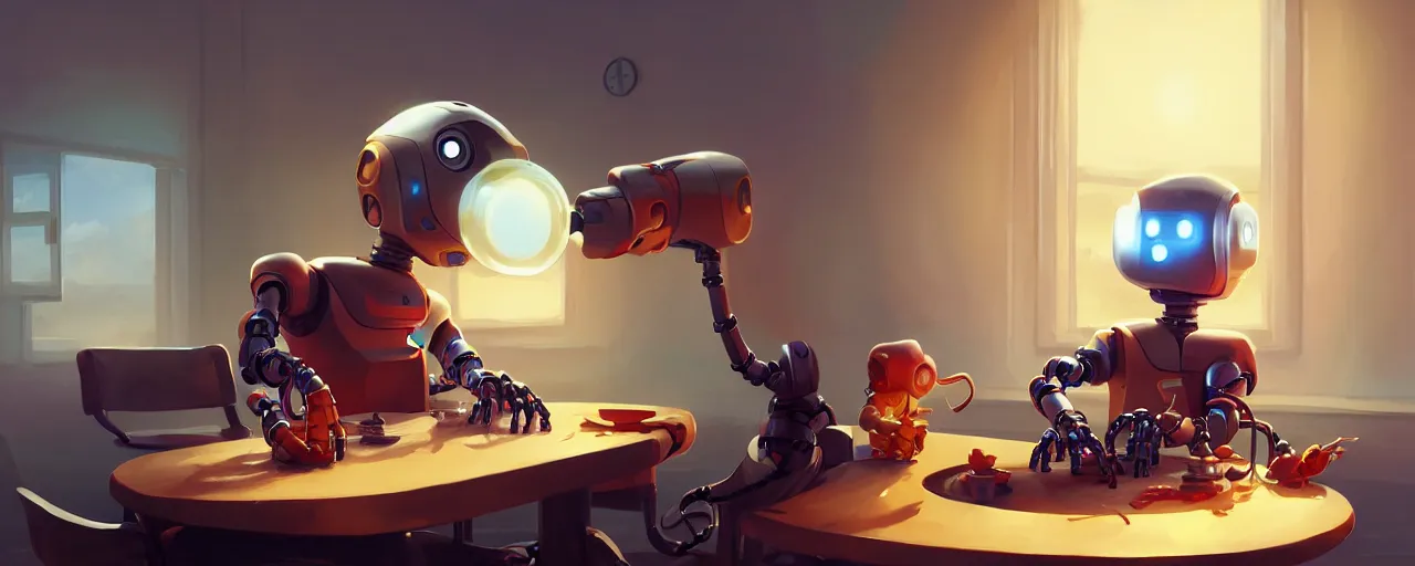 Image similar to excited young programmer, robot details on table, digital art, art - station octane render high detailed hd by jesper ejsing, by rhads, ilya kuvshinov, global illumination.