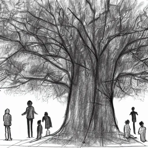 Image similar to a group of people in a park staring up at a gigantic tree, pencil sketch, black and white