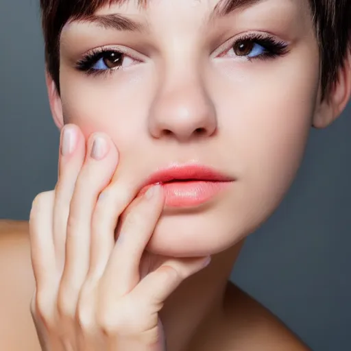 Image similar to portrait shot of a beautiful girl with puffy lips, squarish face, short hair