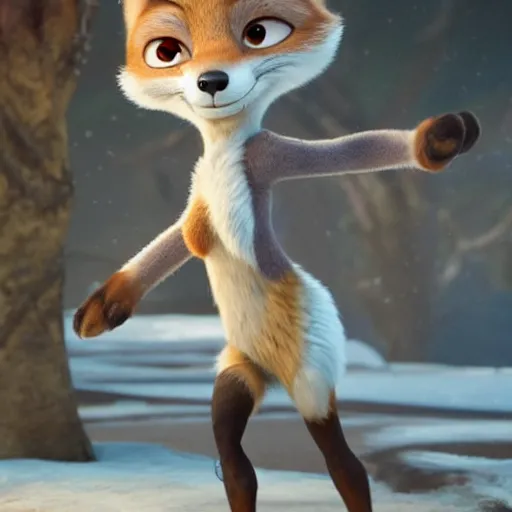 Prompt: body shot of a anthropomorphic female fox with short white fur covering her body in the style of zootopia, far shot