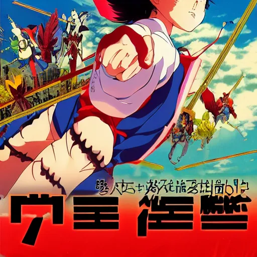 Image similar to incredibly powerful anime girl, created by hideaki anno + katsuhiro otomo, rumiko takahashi, movie poster style, box office hit, a masterpiece of storytelling, main character center focus, monsters, mech creatures locked in combat, nuclear explosions paint sky, highly detailed 8 k