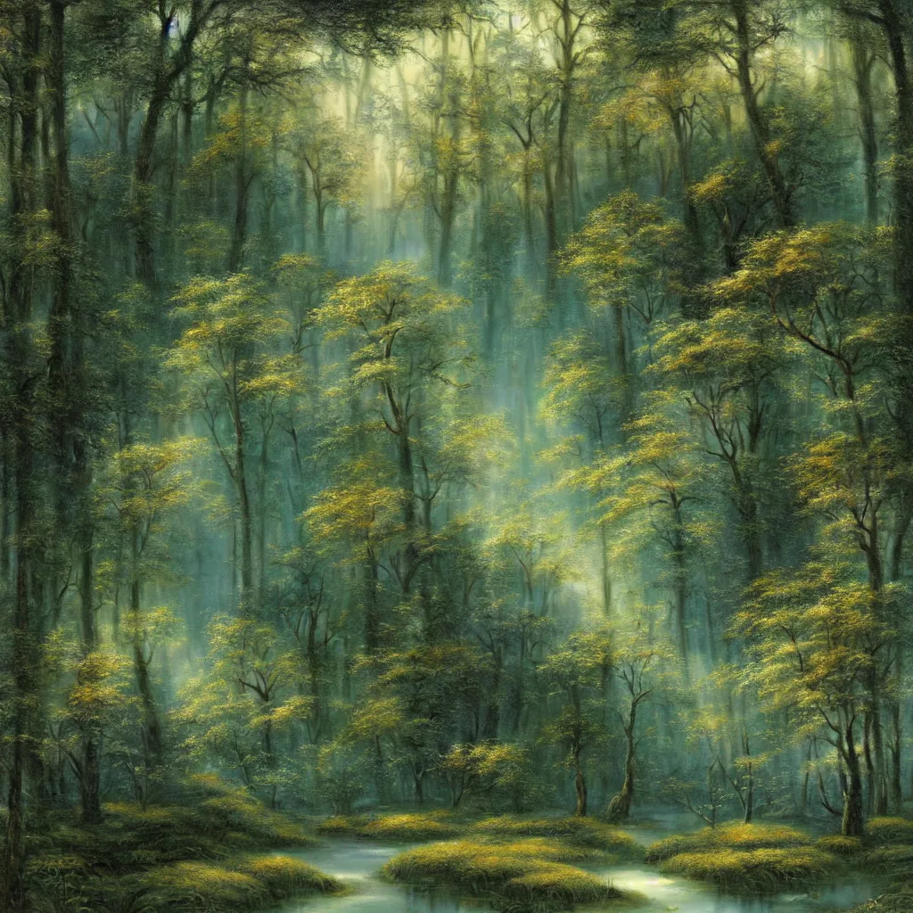 Prompt: A wide shot by an extremely high resolution digital camera of an enchanted forest is shown. Genetically modified magic moss, covering the ground, with a barely seen lake beneath it. Rare, magically glowing, incredible flowers are seen all over the landscape. Rare rays of the moonlight are sparkling in the dew drops. A flock of fireflies. Greg Rutkowski and Thomas Kinkade. Trending on Artstation.