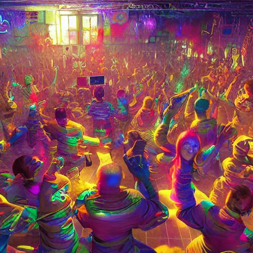 Image similar to rave dance party cryengine render by android jones, james christensen, rob gonsalves, and tim white