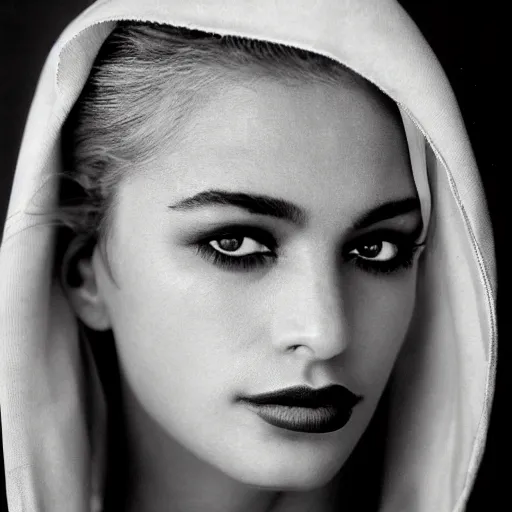 Prompt: black and white vogue closeup portrait by herb ritts of a beautiful female model, persian, eyes, high contrast