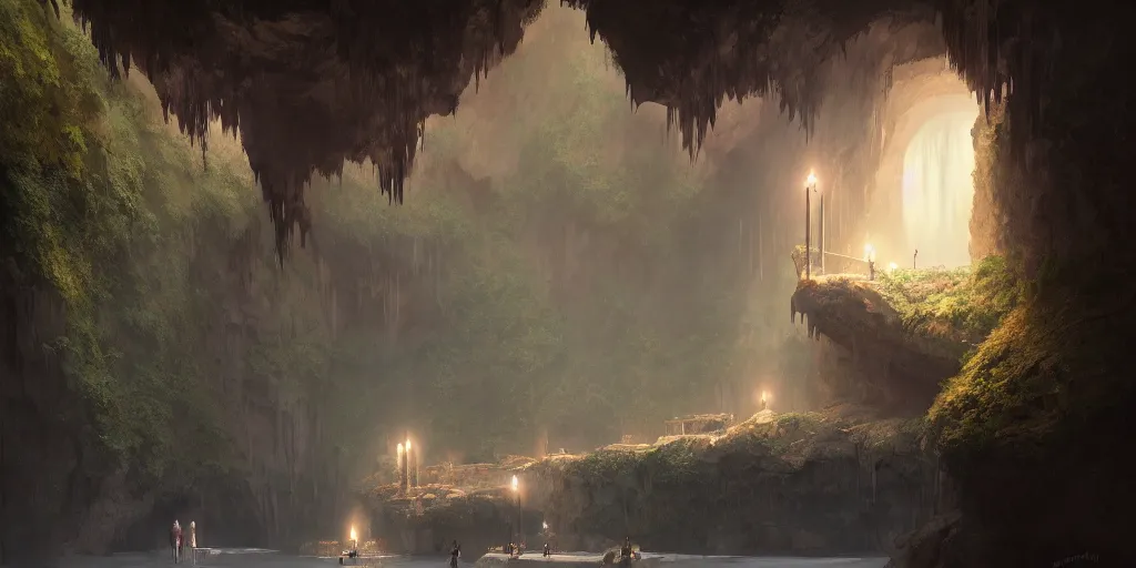 Image similar to cozy, empty bathhouse hidden in a cave, intimate, candlelight, towels, cushions, natural light, lush plants and flowers, elegant, smooth cave rock, fantasy, atmospheric lighting, digital painting, Greg Rutkowski concept art