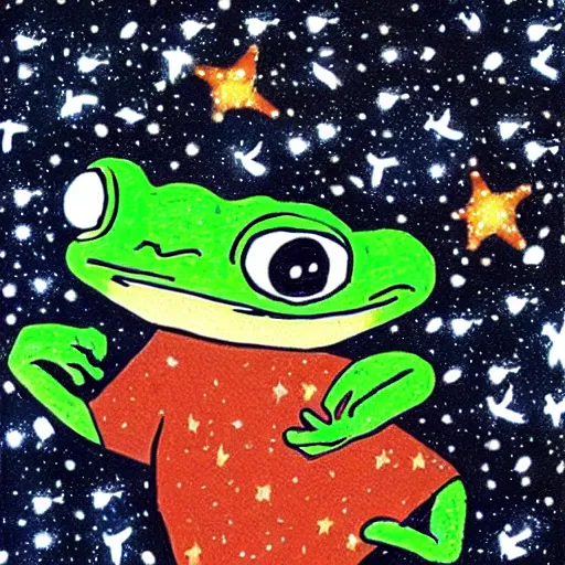 Image similar to cave painting of pepe the frog with star and galaxies