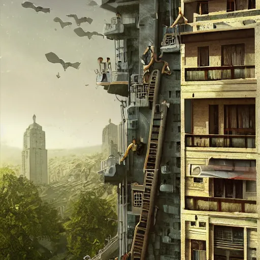 Image similar to You see yourself descending from a building to the ground, surreal, (fantasy), digital art, artstation