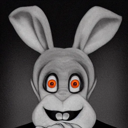 Image similar to A extremely highly detailed majestic hi-res beautiful, highly detailed head and shoulders portrait of a scary terrifying, horrifying, still of a creepy black cartoon rabbit in eraserhead with scary big eyes, earing a shirt laughing, hey buddy, let's be friends, in the style of Walt Disney animation