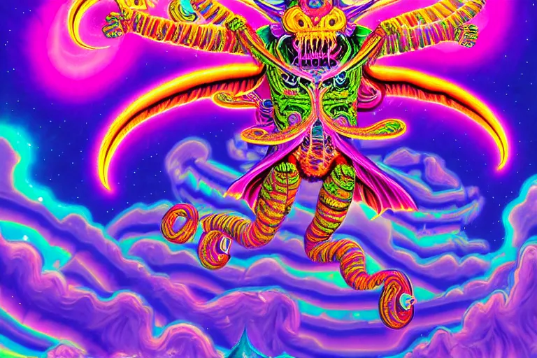 Image similar to lisa frank illustration of rebulon the ancient demon, painted by lisa frank, masterpiece concept art, 8 k, intricate detail, cinematic lighting, epic pose, bright colors