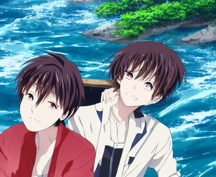 Prompt: anime key visual of a young man anime and young woman anime sitting together on one single long wooden rowboat. Romantic. Girl has auburn hair. Boy has short black hair. Boy and girl. Boy and girl. Narrow river in a forest, rocky shore, trees, shady, blue waters, ripples, waves, reflections, details, sharp focus, illustration, by Jordan Grimmer and greg rutkowski, Trending artstation, pixiv, digital art