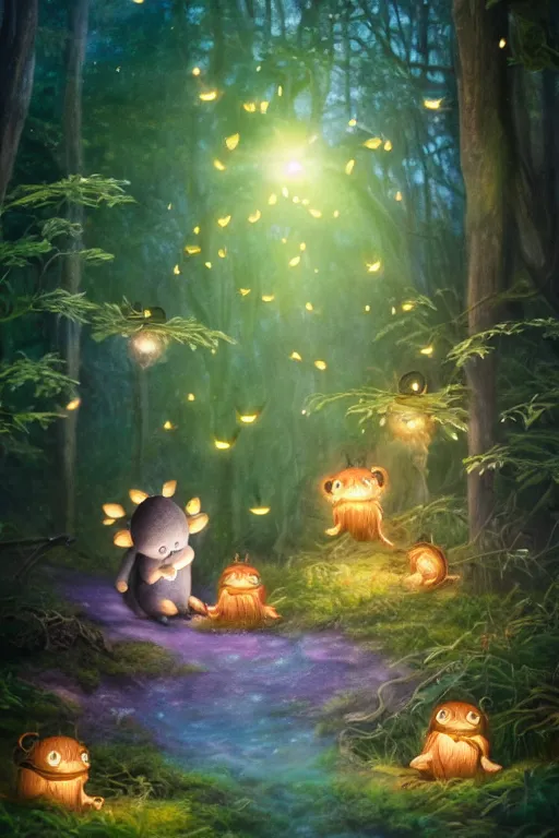 Image similar to Cute fireflies in a magical forest, oil canvas art by Basia tran fader, Katie Risor, Sandie Sonke and Maurice Sendak, 8k, ultra realistic , lens flare, atmosphere, glow, detailed,intricate, full of colour, cinematic lighting, trending on artstation, 4k, hyperrealistic, focused, extreme details,unreal engine 5, cinematic, masterpiece